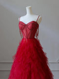 Ndyad Sweetheart Neck Tulle Beads Burgundy Long Prom Dress, Burgundy Evening Dress HZ1024