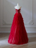 Ndyad Sweetheart Neck Tulle Beads Burgundy Long Prom Dress, Burgundy Evening Dress HZ1024