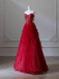Ndyad Sweetheart Neck Tulle Beads Burgundy Long Prom Dress, Burgundy Evening Dress HZ1024