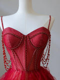 Ndyad Sweetheart Neck Tulle Beads Burgundy Long Prom Dress, Burgundy Evening Dress HZ1024