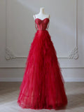Ndyad Sweetheart Neck Tulle Beads Burgundy Long Prom Dress, Burgundy Evening Dress HZ1024