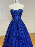 Ndyad Sweetheart Neck Tulle Sequin Blue Long Prom Dress, Blue Long Formal Dress HZ1024