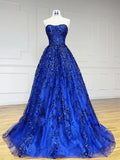 Ndyad Sweetheart Neck Tulle Sequin Blue Long Prom Dress, Blue Long Formal Dress HZ1024