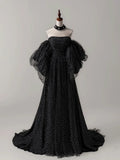 Evafashion A- Line Tulle Long Prom Dress, Black Long Formal Dress HZ1024