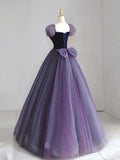 Ndyad Puff sleeves Tulle Velvet Purple Long Prom Dress, Purple Long Formal Dress HZ1024