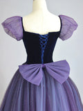 Ndyad Puff sleeves Tulle Velvet Purple Long Prom Dress, Purple Long Formal Dress HZ1024