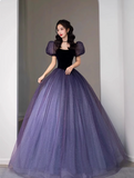 Ndyad Puff sleeves Tulle Velvet Purple Long Prom Dress, Purple Long Formal Dress HZ1024