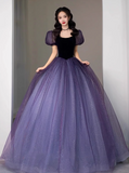 Ndyad Puff sleeves Tulle Velvet Purple Long Prom Dress, Purple Long Formal Dress HZ1024