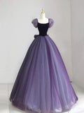 Ndyad Puff sleeves Tulle Velvet Purple Long Prom Dress, Purple Long Formal Dress HZ1024