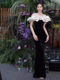 Ndyad Off Shoulder Mermaid Long Prom Dress, Black Long Formal Dress HZ1024
