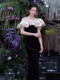Ndyad Off Shoulder Mermaid Long Prom Dress, Black Long Formal Dress HZ1024