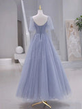 Ndyad Long sleeves Beading Gray Blue Long Prom Dress, Gray Blue Formal Dress HZ1024