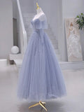 Ndyad Long sleeves Beading Gray Blue Long Prom Dress, Gray Blue Formal Dress HZ1024