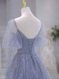 Ndyad Long sleeves Beading Gray Blue Long Prom Dress, Gray Blue Formal Dress HZ1024
