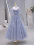 Ndyad Long sleeves Beading Gray Blue Long Prom Dress, Gray Blue Formal Dress HZ1024