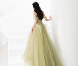 Ndyad Off Shoulder Lace Long Prom Dress, Green Formal Dress HZ1024