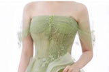 Ndyad Off Shoulder Lace Long Prom Dress, Green Formal Dress HZ1024