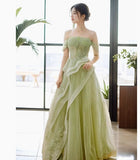 Ndyad Off Shoulder Lace Long Prom Dress, Green Formal Dress HZ1024