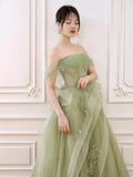 Ndyad Off Shoulder Lace Long Prom Dress, Green Formal Dress HZ1024