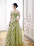 Ndyad Off Shoulder Lace Long Prom Dress, Green Formal Dress HZ1024