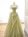 Ndyad Off Shoulder Lace Long Prom Dress, Green Formal Dress HZ1024