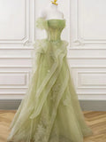 Ndyad Off Shoulder Lace Long Prom Dress, Green Formal Dress HZ1024