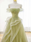 Ndyad Off Shoulder Lace Long Prom Dress, Green Formal Dress HZ1024