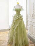 Ndyad Off Shoulder Lace Long Prom Dress, Green Formal Dress HZ1024