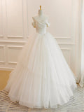 Ndyad White Off Shoulder Tulle Long Prom Dress, White Long Formal Dress HZ1024