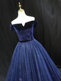 Ndyad Blue Tulle velvet Long Prom Dress, Blue Formal Evening Dress HZ1024