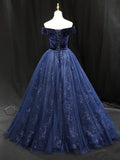 Ndyad Blue Tulle velvet Long Prom Dress, Blue Formal Evening Dress HZ1024