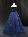Ndyad Blue Tulle velvet Long Prom Dress, Blue Formal Evening Dress HZ1024