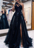 Ndyad One Shoulder Tulle Lace Black Prom Dress, Black Long Evening Dress HZ1024