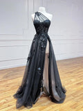 Ndyad One Shoulder Tulle Lace Black Prom Dress, Black Long Evening Dress HZ1024