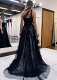 Ndyad One Shoulder Tulle Lace Black Prom Dress, Black Long Evening Dress HZ1024