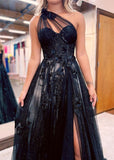 Ndyad One Shoulder Tulle Lace Black Prom Dress, Black Long Evening Dress HZ1024