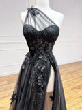 Ndyad One Shoulder Tulle Lace Black Prom Dress, Black Long Evening Dress HZ1024