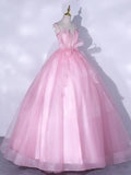 Ndyad A-Line Tulle Lace Long Prom Dresses, Pink Sweet 16 Dress HZ1024