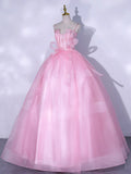 Ndyad A-Line Tulle Lace Long Prom Dresses, Pink Sweet 16 Dress HZ1024