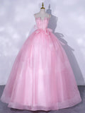 Ndyad A-Line Tulle Lace Long Prom Dresses, Pink Sweet 16 Dress HZ1024