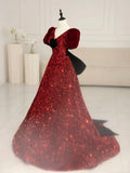 Ndyad V Neck Velvet Sequin Long Prom Dress, Burgundy Formal Dress HZ1024