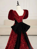 Ndyad V Neck Velvet Sequin Long Prom Dress, Burgundy Formal Dress HZ1024