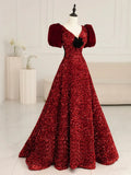 Ndyad V Neck Velvet Sequin Long Prom Dress, Burgundy Formal Dress HZ1024