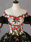 Ndyad Off Shoulder Tulle Lace Long Prom Gown, Black Sweet 16 Dress HZ1024