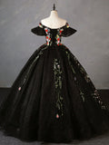 Ndyad Off Shoulder Tulle Lace Long Prom Gown, Black Sweet 16 Dress HZ1024