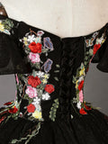 Ndyad Off Shoulder Tulle Lace Long Prom Gown, Black Sweet 16 Dress HZ1024