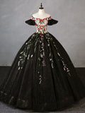 Ndyad Off Shoulder Tulle Lace Long Prom Gown, Black Sweet 16 Dress HZ1024