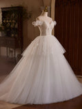Ndyad Off Shoulder Tulle Lace Long Prom Dress, White Long Wedding Dress HZ1024