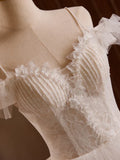 Ndyad Off Shoulder Tulle Lace Long Prom Dress, White Long Wedding Dress HZ1024