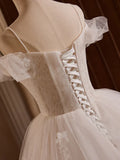 Ndyad Off Shoulder Tulle Lace Long Prom Dress, White Long Wedding Dress HZ1024